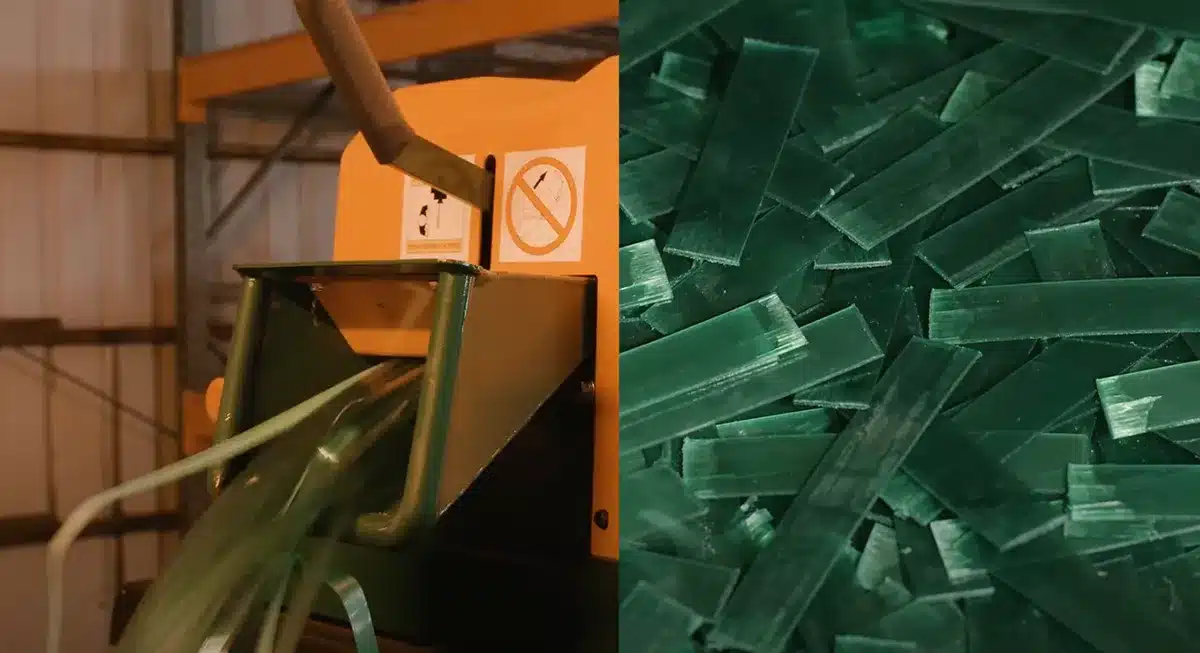 Before and after comparison of PET strapping being chopped by a SWEED 450 DDX scrap chopper